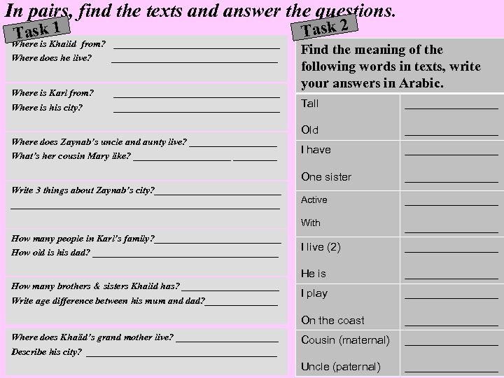 In pairs, find the texts and answer the questions. 1 Task. Khalid from? Where