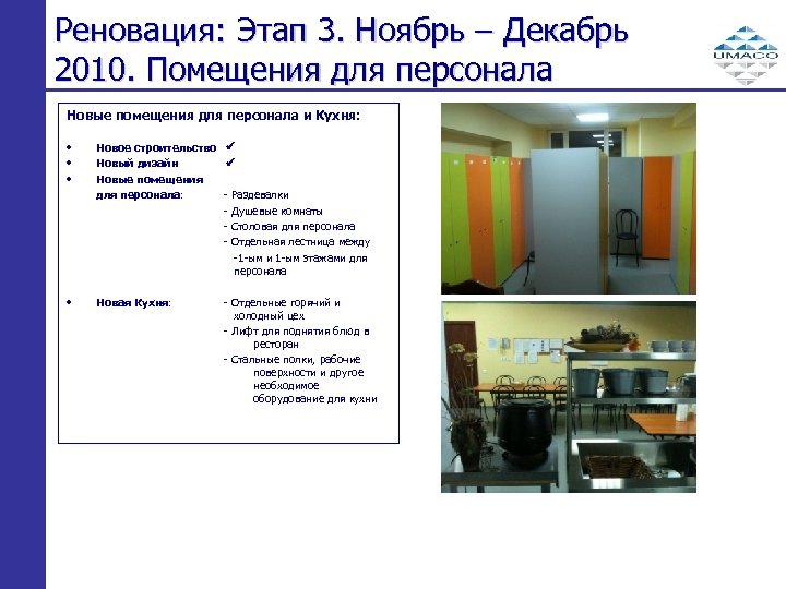 Реновация: Этап 3. Ноябрь – Декабрь 2010. Помещения для персонала Новые помещения для персонала