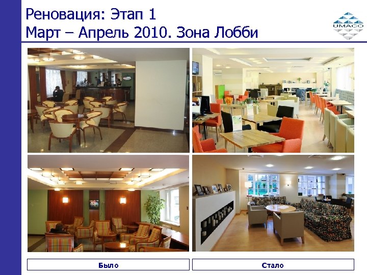 Реновация: Этап 1 Март – Апрель 2010. Зона Лобби Было Стало 