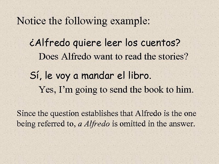 Notice the following example: ¿Alfredo quiere leer los cuentos? Does Alfredo want to read