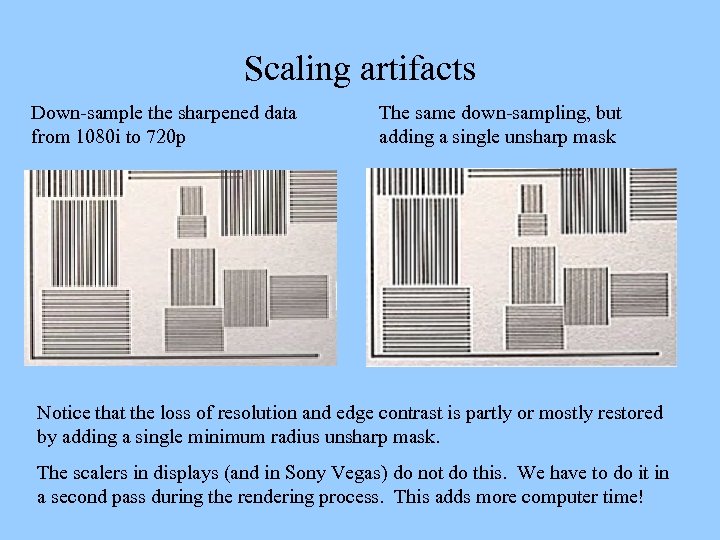 Scaling artifacts Down-sample the sharpened data from 1080 i to 720 p The same