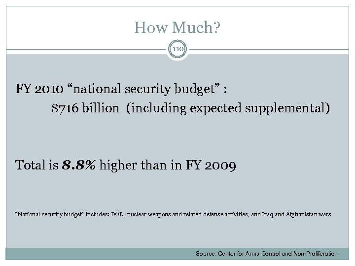How Much? 110 FY 2010 “national security budget” : $716 billion (including expected supplemental)