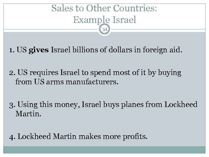 Sales to Other Countries: Example Israel 54 1. US gives Israel billions of dollars