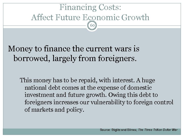 Financing Costs: Affect Future Economic Growth 60 Money to finance the current wars is