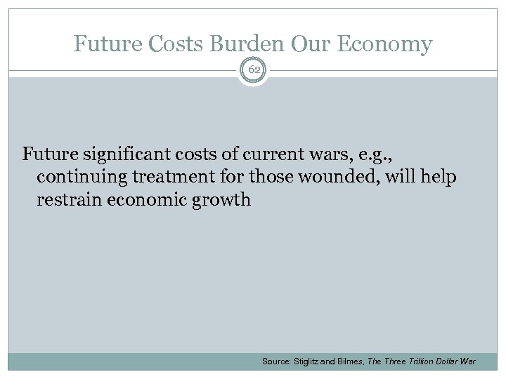 Future Costs Burden Our Economy 62 Future significant costs of current wars, e. g.