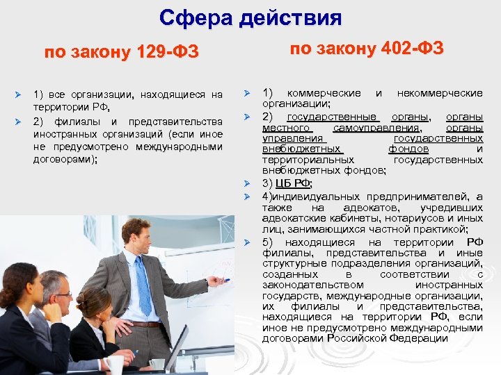 Сфера действия по закону 402 -ФЗ по закону 129 -ФЗ Ø Ø 1) все