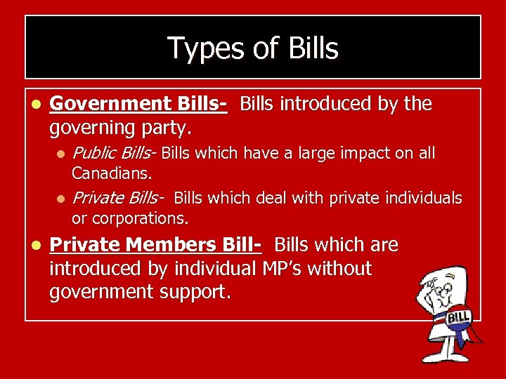 Types of Bills l Government Bills- Bills introduced by the governing party. l l