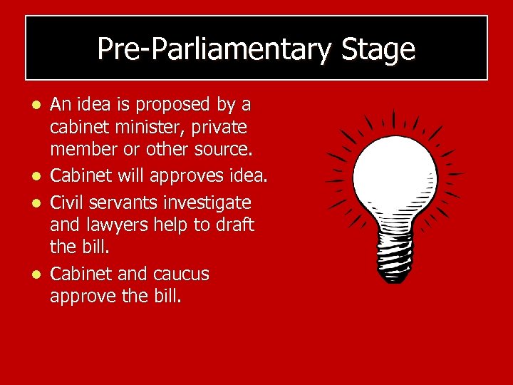 Pre-Parliamentary Stage l l An idea is proposed by a cabinet minister, private member