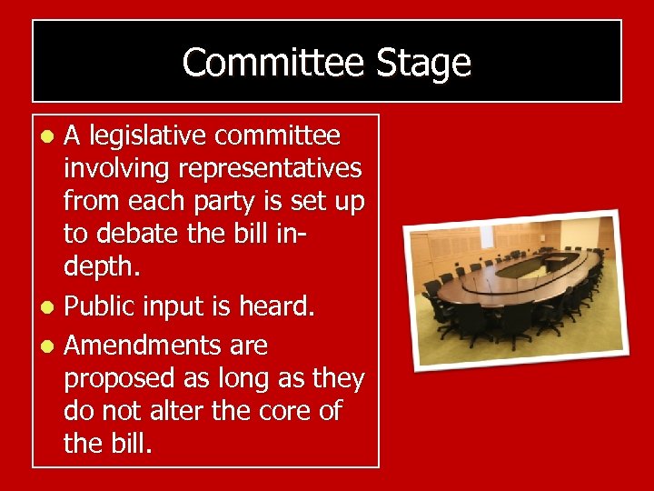 Committee Stage A legislative committee involving representatives from each party is set up to