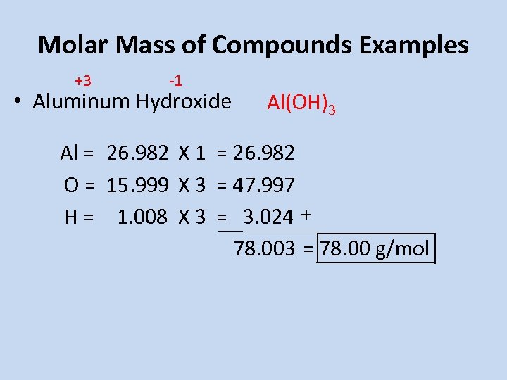 Molar Mass of Compounds Examples +3 -1 • Aluminum Hydroxide Al(OH)3 Al = 26.