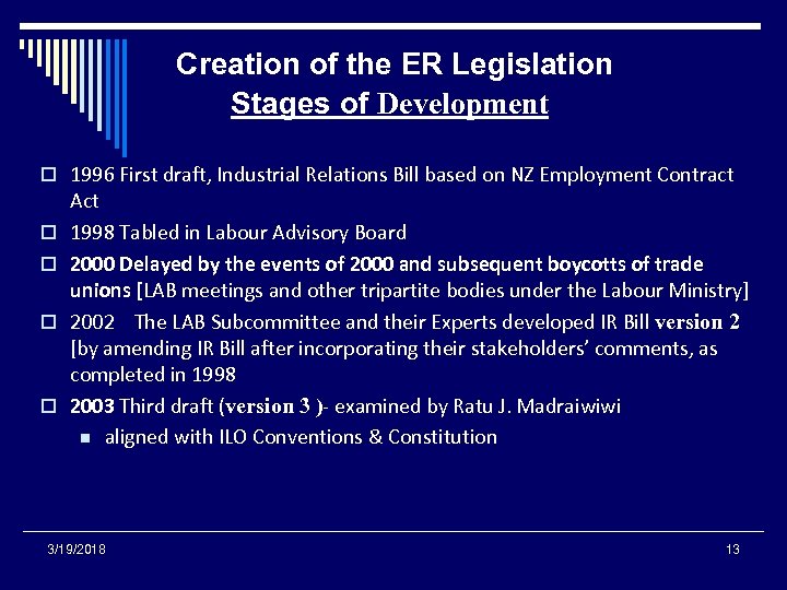 Creation of the ER Legislation Stages of Development o 1996 First draft, Industrial Relations
