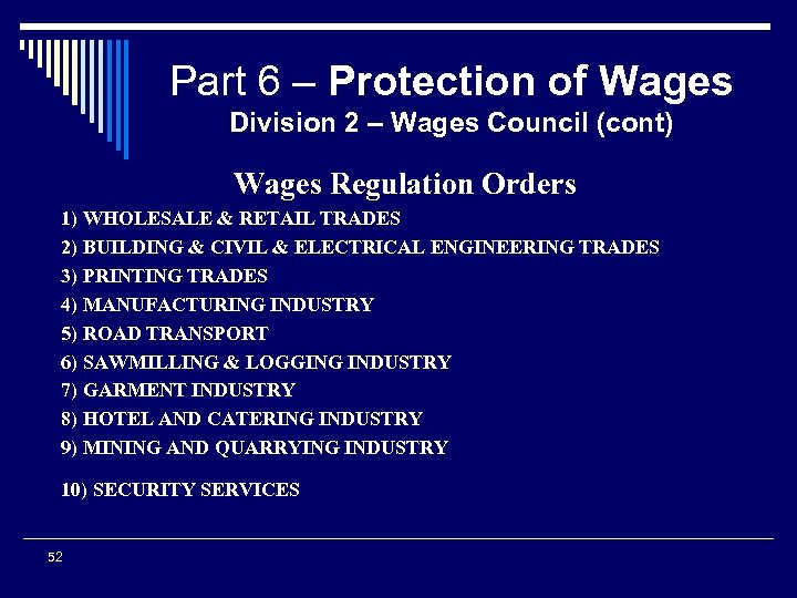 Part 6 – Protection of Wages Division 2 – Wages Council (cont) Wages Regulation