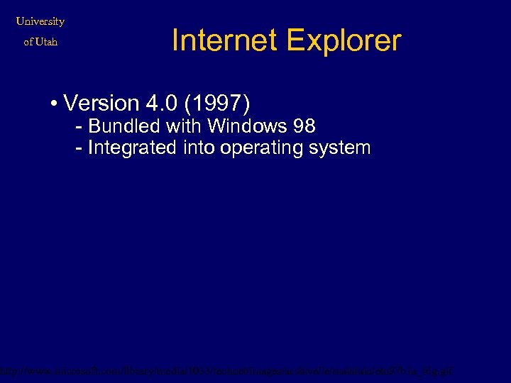 University of Utah Internet Explorer • Version 4. 0 (1997) - Bundled with Windows