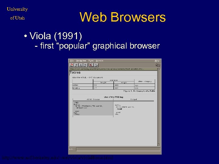 University of Utah Web Browsers • Viola (1991) - first “popular” graphical browser http: