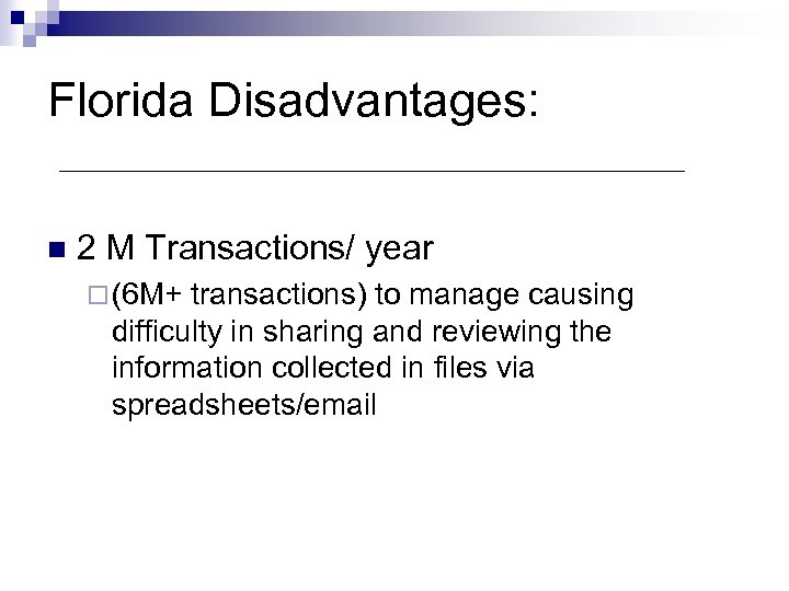 Florida Disadvantages: n 2 M Transactions/ year ¨ (6 M+ transactions) to manage causing