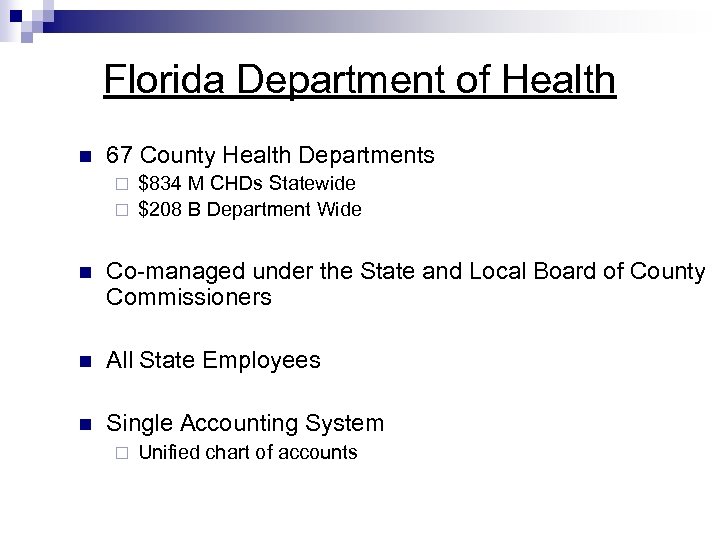 Florida Department of Health n 67 County Health Departments $834 M CHDs Statewide ¨