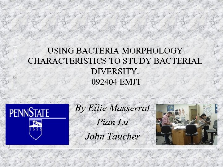 USING BACTERIA MORPHOLOGY CHARACTERISTICS TO STUDY BACTERIAL DIVERSITY. 092404 EMJT By Ellie Masserrat Pian