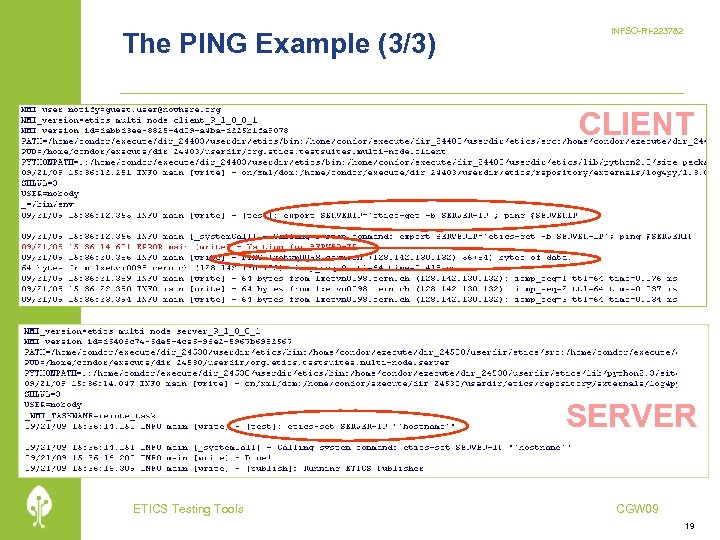 The PING Example (3/3) INFSO-RI-223782 CLIENT SERVER ETICS Testing Tools CGW 09 19 