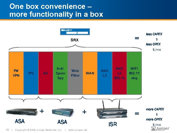 One box convenience – more functionality in a box = SRX FW VPN IPS