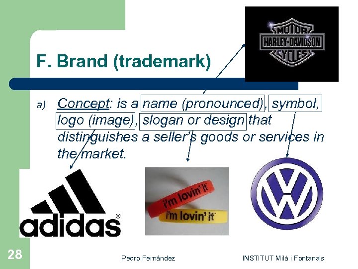 F. Brand (trademark) a) 28 Concept: is a name (pronounced), symbol, logo (image), slogan