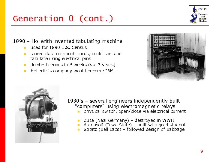 Generation 0 (cont. ) 1890 – Hollerith invented tabulating machine n n used for