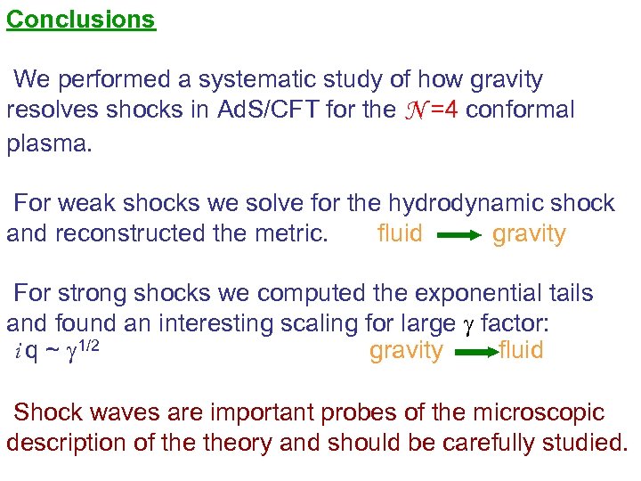 Conclusions We performed a systematic study of how gravity resolves shocks in Ad. S/CFT
