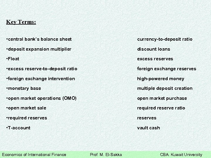 Key Terms: • central bank’s balance sheet currency-to-deposit ratio • deposit expansion multiplier discount