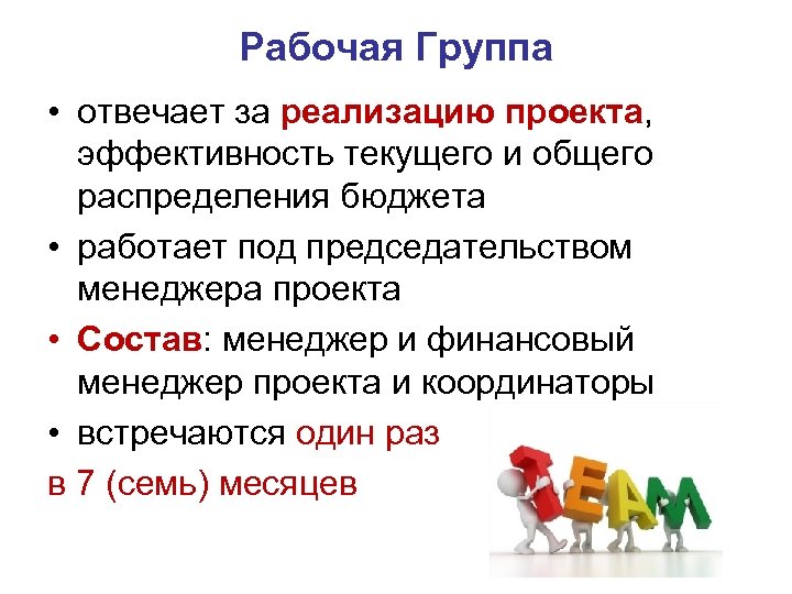 Рабочая Группа • отвечает за реализацию проекта, эффективность текущего и общего распределения бюджета •