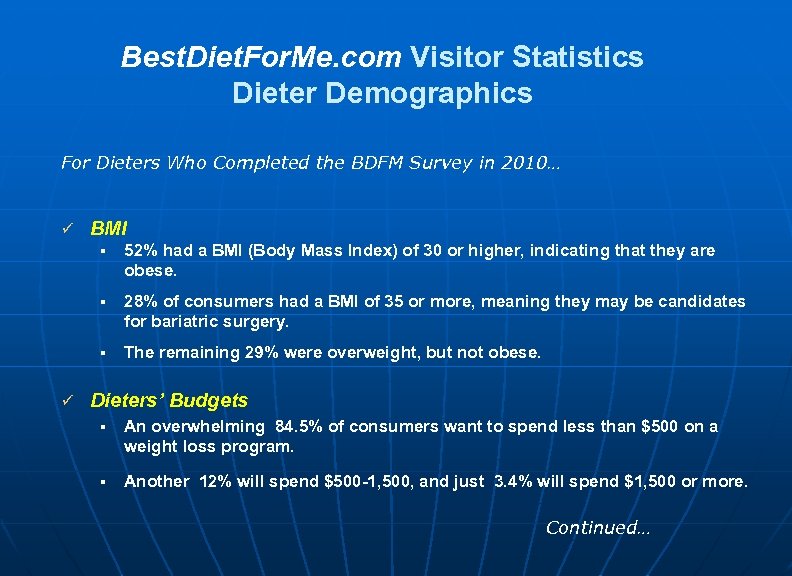 Best. Diet. For. Me. com Visitor Statistics Dieter Demographics For Dieters Who Completed the