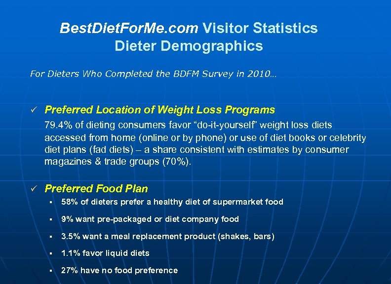 Best. Diet. For. Me. com Visitor Statistics Dieter Demographics For Dieters Who Completed the