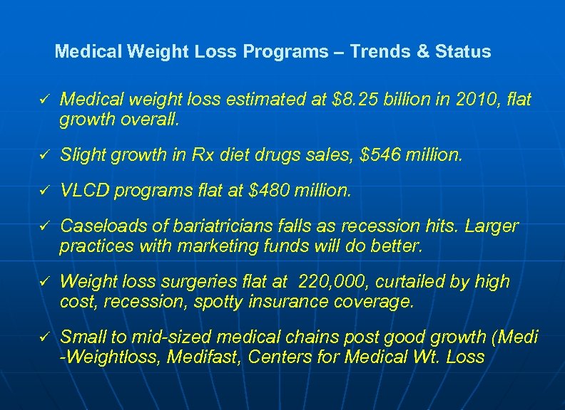 Medical Weight Loss Programs – Trends & Status ü Medical weight loss estimated at