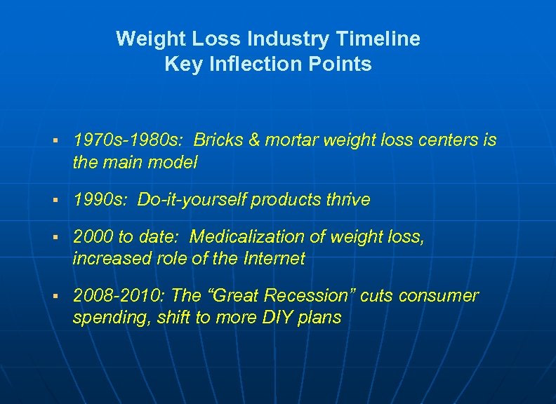 Weight Loss Industry Timeline Key Inflection Points § 1970 s-1980 s: Bricks & mortar