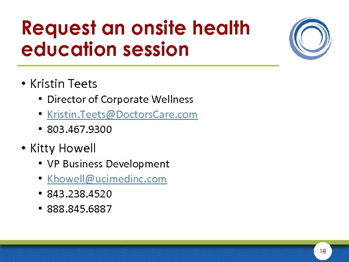 Request an onsite health education session • Kristin Teets • Director of Corporate Wellness