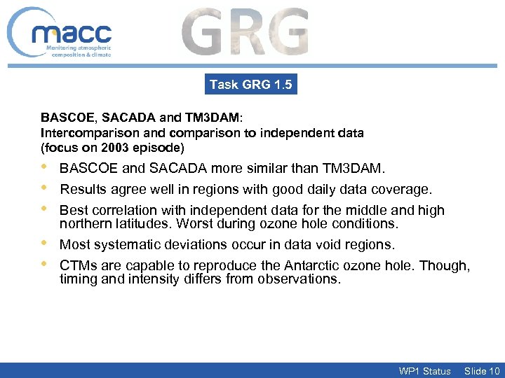 Task GRG 1. 5 BASCOE, SACADA and TM 3 DAM: Intercomparison and comparison to