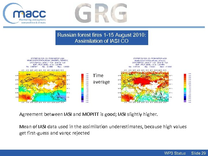 Russian forest fires 1 -15 August 2010: Assimilation of IASI CO Time average Agreement