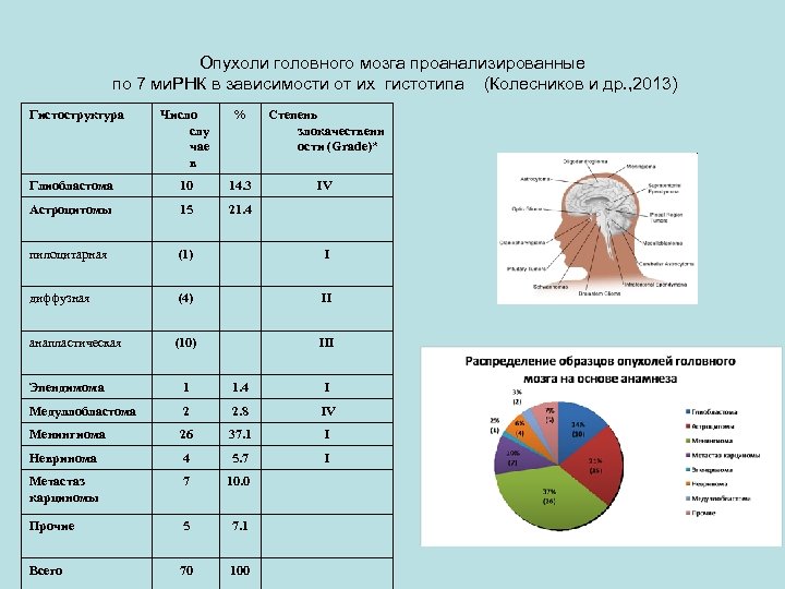 Опухоли головного мозга проанализированные по 7 ми. РНК в зависимости от их гистотипа (Колесников