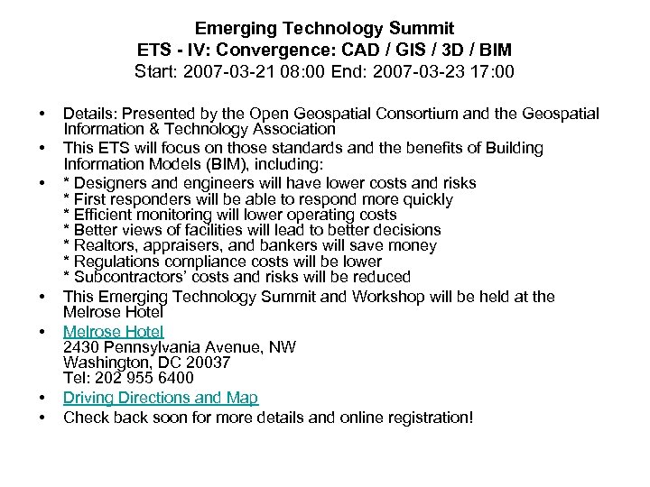 Emerging Technology Summit ETS - IV: Convergence: CAD / GIS / 3 D /