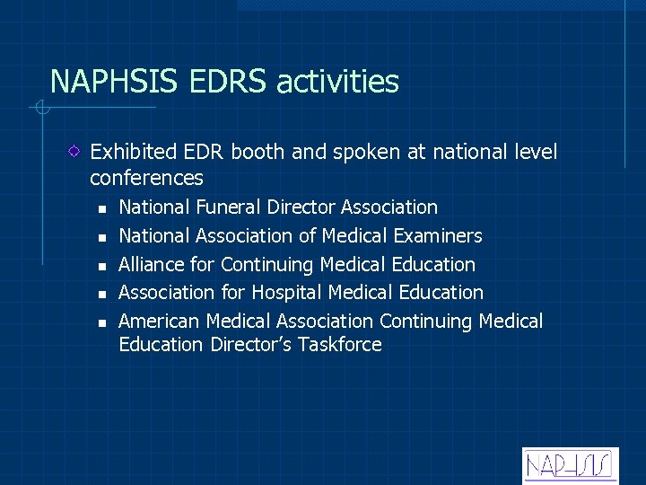 NAPHSIS EDRS activities Exhibited EDR booth and spoken at national level conferences n n