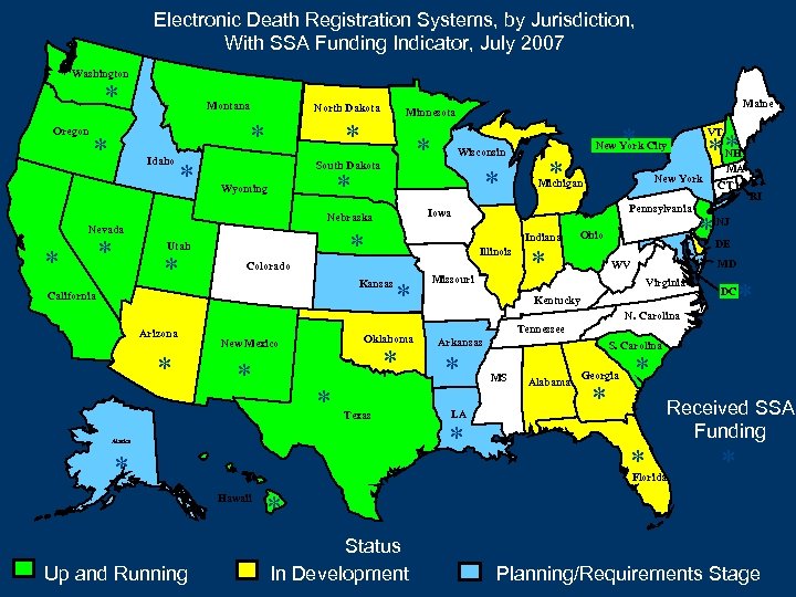 Electronic Death Registration Systems, by Jurisdiction, With SSA Funding Indicator, July 2007 Washington *
