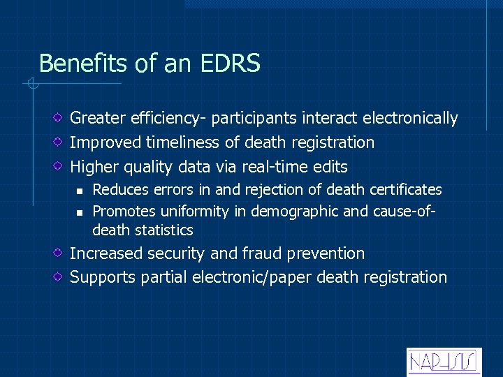 Benefits of an EDRS Greater efficiency- participants interact electronically Improved timeliness of death registration