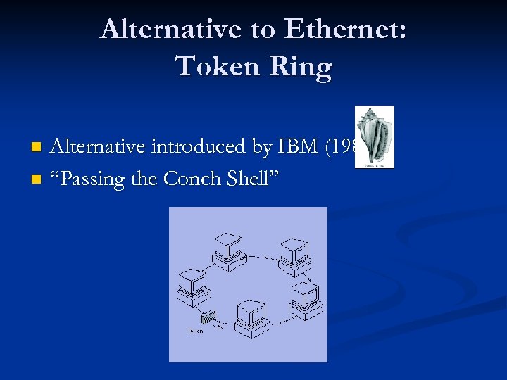 Alternative to Ethernet: Token Ring Alternative introduced by IBM (1980 s) n “Passing the