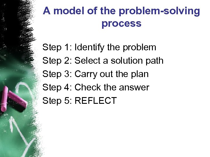 A model of the problem-solving process Step 1: Identify the problem Step 2: Select