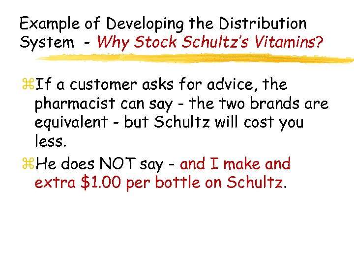 Example of Developing the Distribution System - Why Stock Schultz’s Vitamins? z. If a