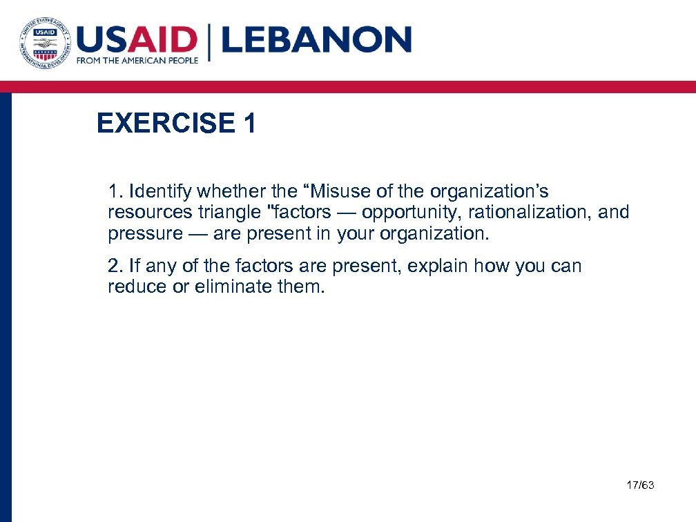 EXERCISE 1 1. Identify whether the “Misuse of the organization’s resources triangle 