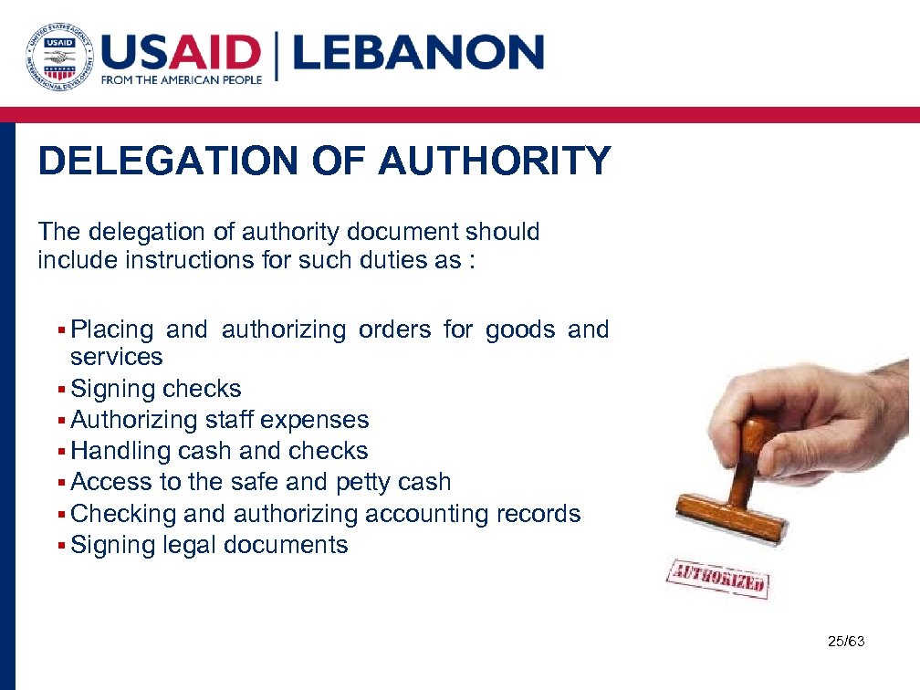 DELEGATION OF AUTHORITY The delegation of authority document should include instructions for such duties