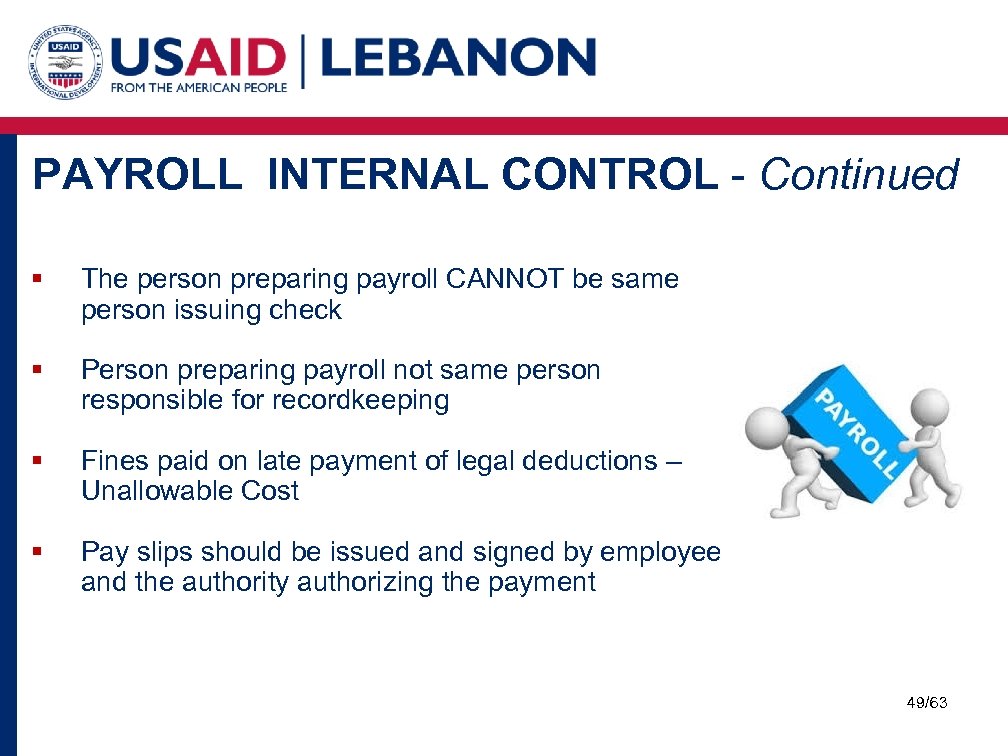 PAYROLL INTERNAL CONTROL - Continued § The person preparing payroll CANNOT be same person