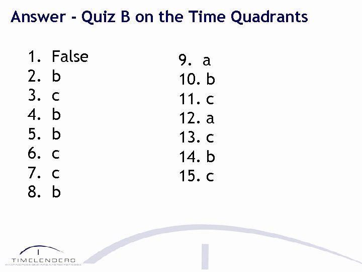 Answer - Quiz B on the Time Quadrants 1. 2. 3. 4. 5. 6.