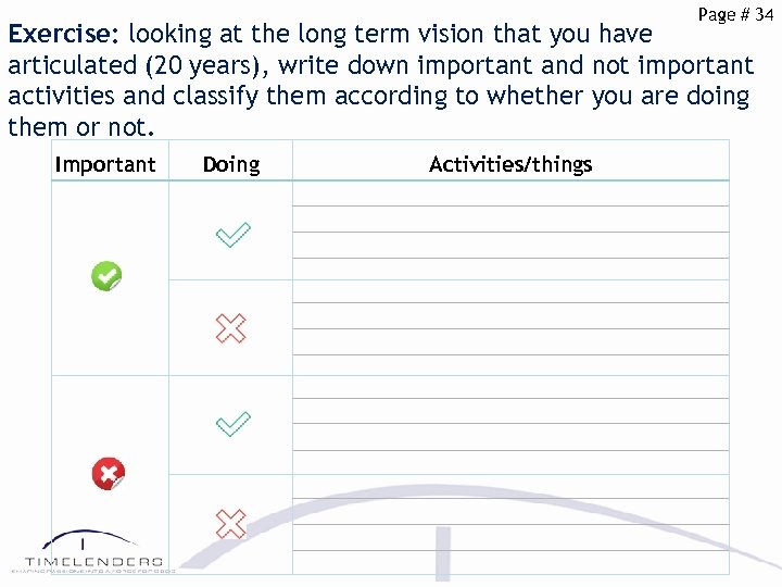 Page # 34 Exercise: looking at the long term vision that you have articulated