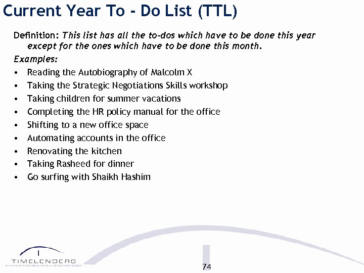Current Year To - Do List (TTL) Definition: This list has all the to-dos
