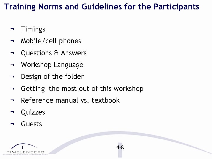 Training Norms and Guidelines for the Participants ¬ Timings ¬ Mobile/cell phones ¬ Questions